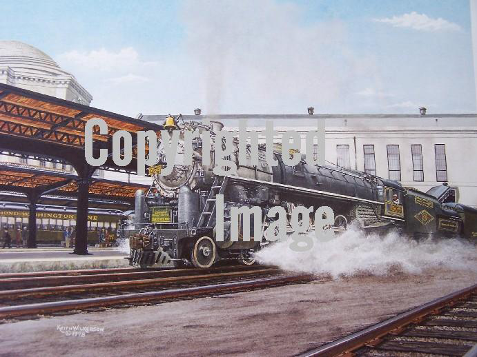 Painting of RF&P steam locomotive #602 departing Broad Street Station in Richmond.
